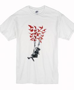 Kid Girl Swing Bird Freedom Balloon Banksy Street Art T-Shirt (Oztmu)