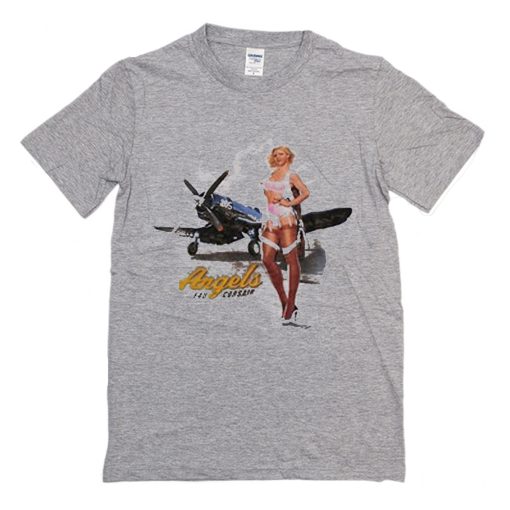 WWII Corsair F4U Flying Angels Blonde Pinup Girl T-Shirt (Oztmu)